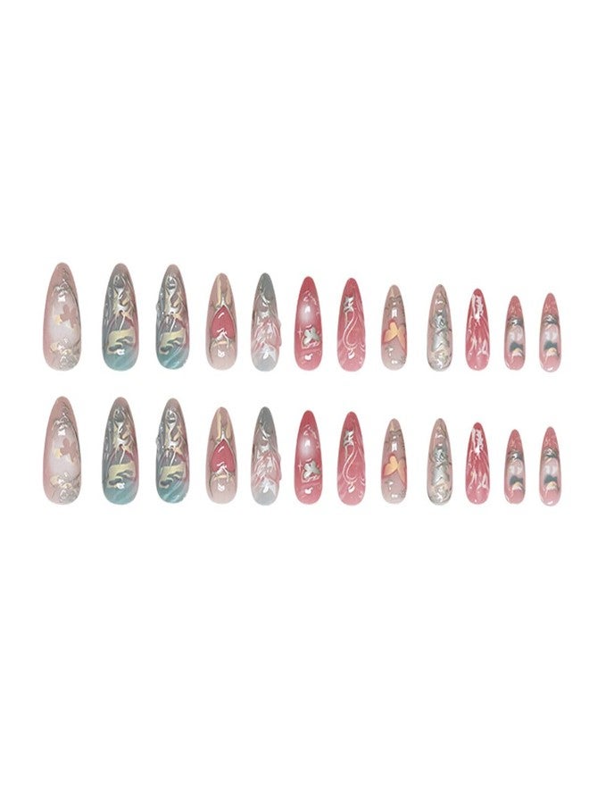OSTTMA Medium Press on Nails Heart Fake Nails Almond Shaped 3D Metallic Style False Nail Silver Pink Blue Glossy Chrome Heart Butterfly Glue on Nails Reusable Artificial Fingernails for Women,24Pcs - Image 5